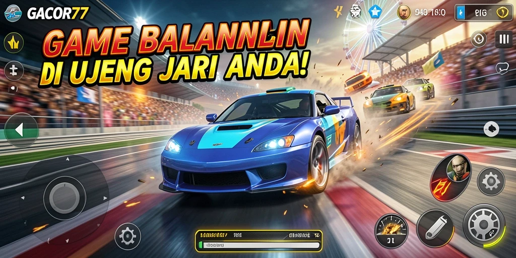 Screenshot GACOR77 menampilkan balapan seru dengan berbagai mobil balap.