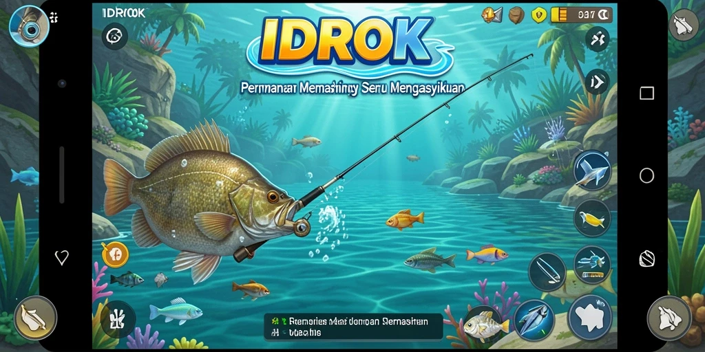 Screenshot gameplay IDROK menampilkan aksi memancing yang seru dan mendebarkan.