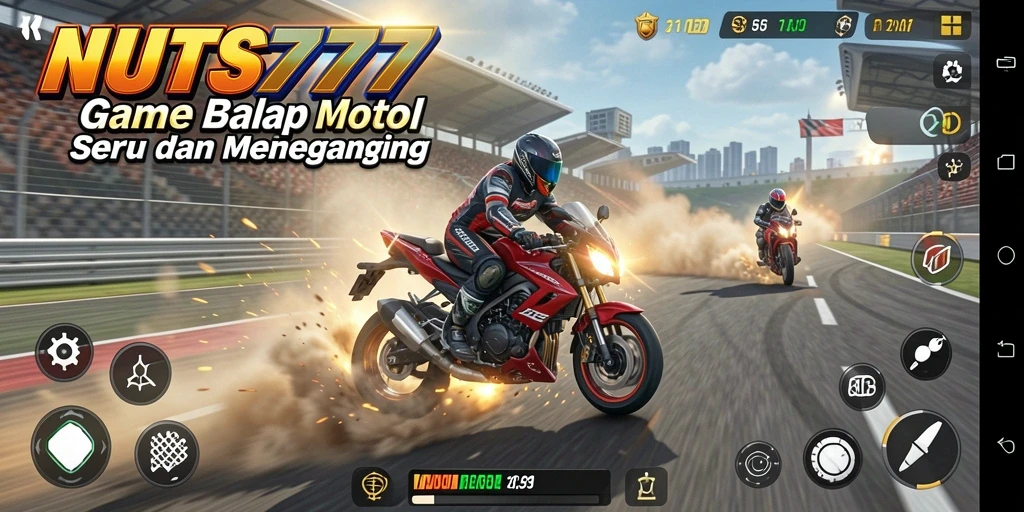 Tampilan gameplay mendebarkan dalam NUTS777 saat balapan motor.