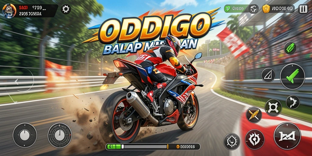 Tampilan gameplay ODDIGO dengan aksi balap motor yang mendebarkan.