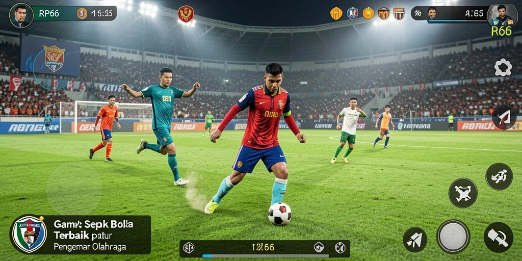 Tangkapan layar utama RP66 menampilkan aksi sepak bola yang mendebarkan.