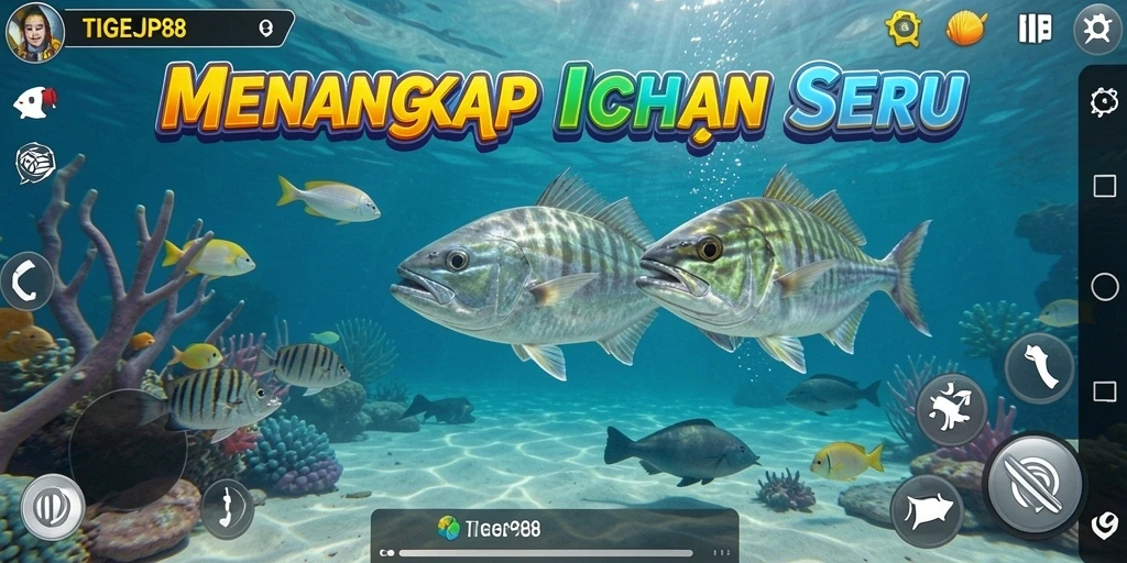 Tampilan gameplay seru dalam TIGERJP88 dengan berbagai lokasi memancing.