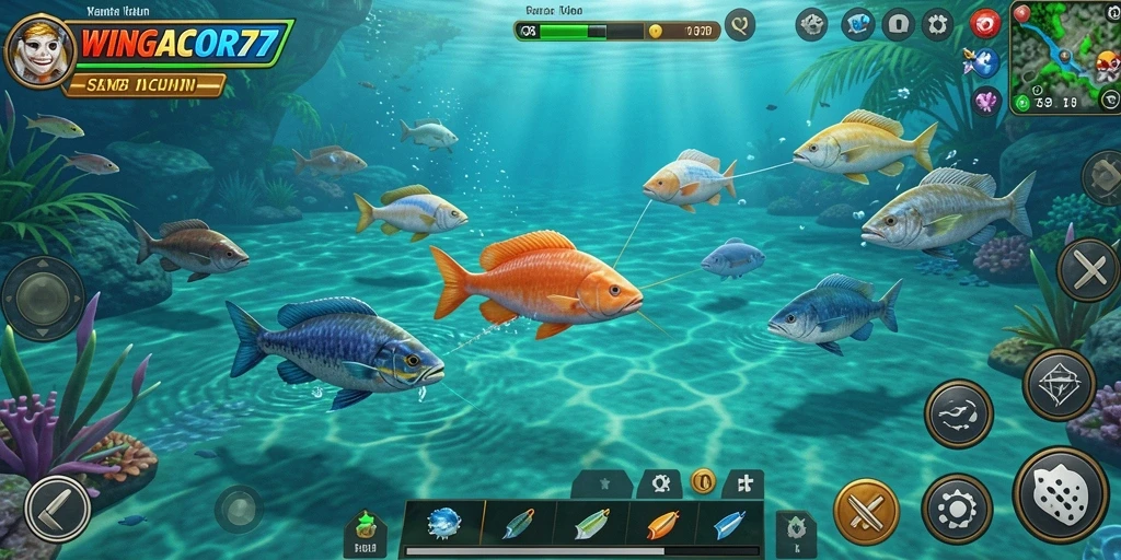 Tampilan gameplay WINGACOR77 yang menarik dengan ikan berwarna-warni.