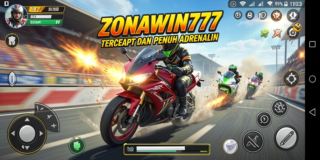 Gameplay mendebarkan ZONAWIN777 dengan balapan motor yang cepat.